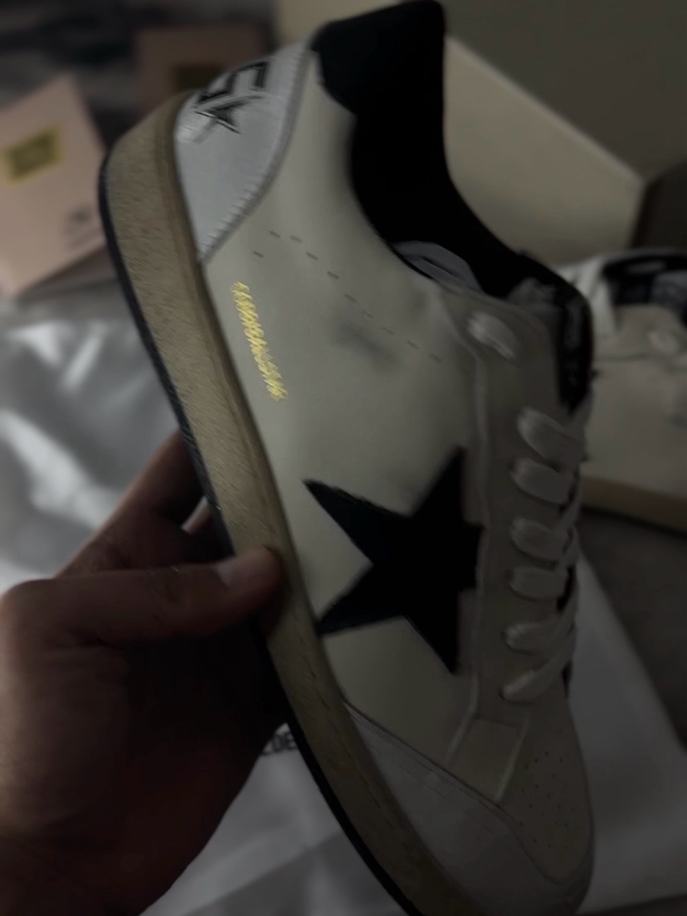 White Sneakers with Black Star and Gold Logo
